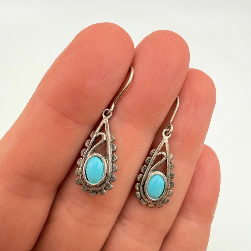 Vintage 925 CA Sterling Silver Turquoise Teardrop Dangle Earrings Southwest